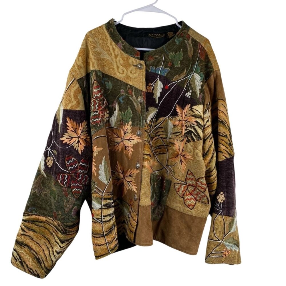 Alex Kim Jacket Tapestry Patchwork Mix Media Leaves Mulitcolor 5X Boho Eclectic